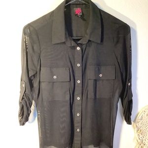 2b Bebe Mesh Sheer Button Sleeve Blouse Black Size XS